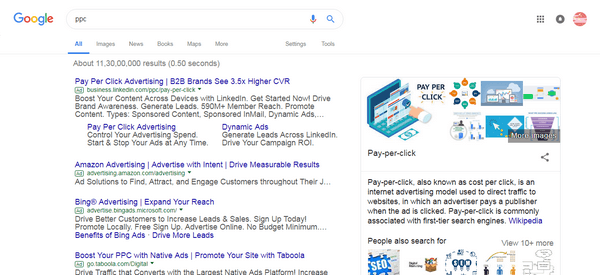 PPC ads appear at the top of the search engine results page. 