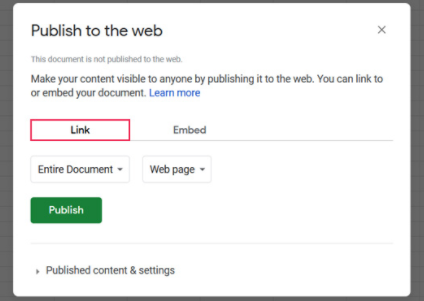 Google Sheets publish to the web link option