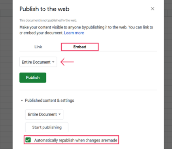 Google Sheets publish to the web popup