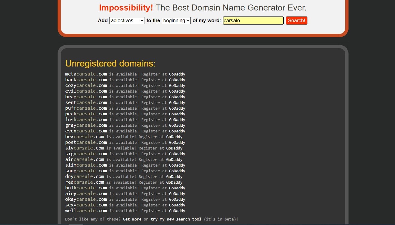 Impossibility! car sale domain name search