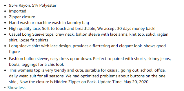 Amazon product description