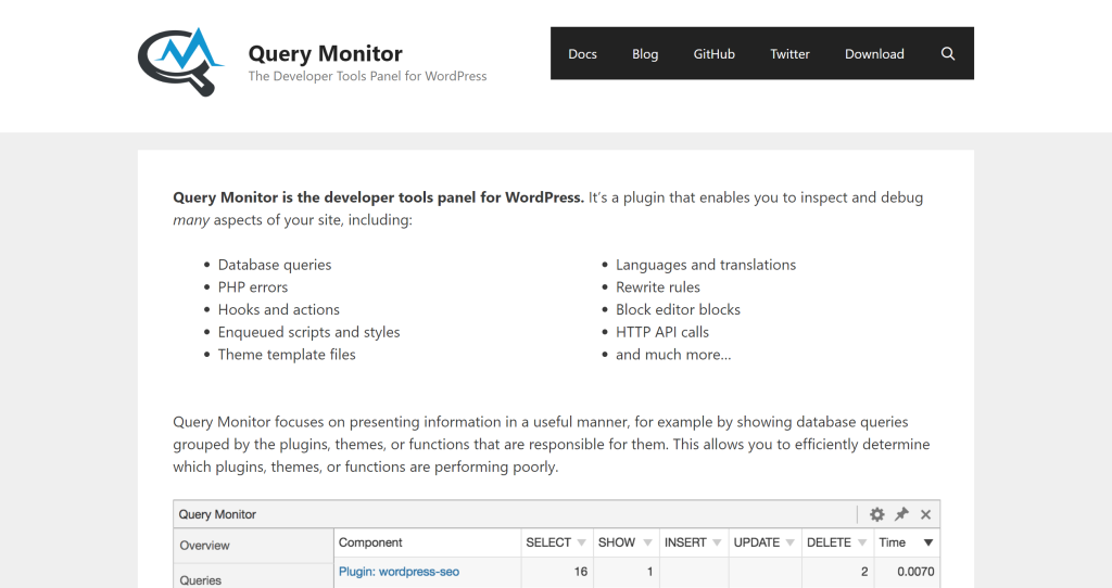 Query Monitor landing page