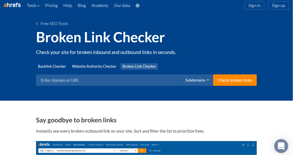 Ahrefs Broken Link Checker landing page