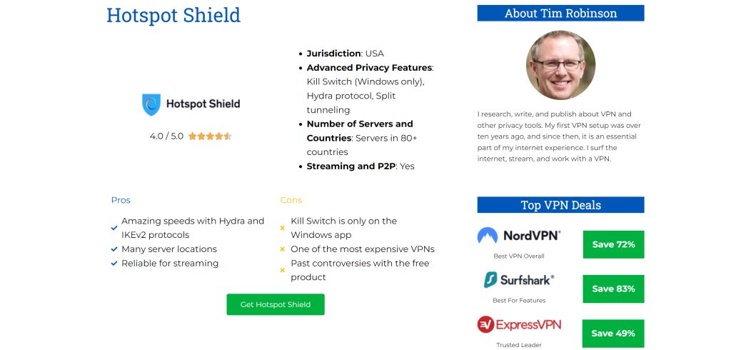 Hotspot Shield landing page