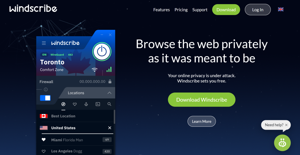 Windscribe landing page