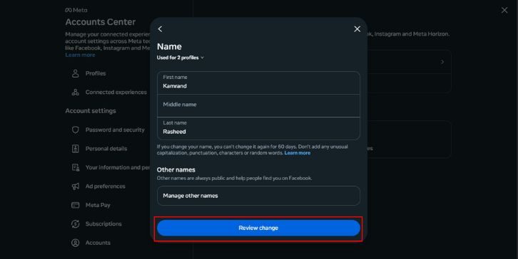 Enter your new first, middle, or last name.