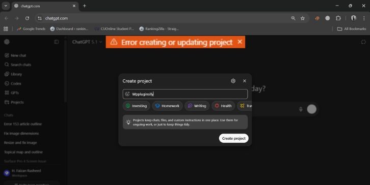 What Is “ChatGPT Error Creating or Updating Project”