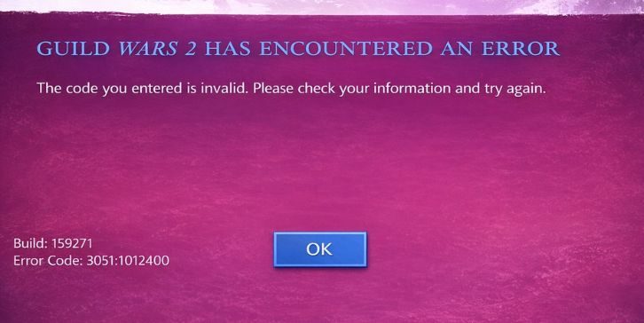 Screenshot of the Guild Wars 2 "The code you entered is invalid" error with Build 159271.