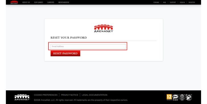 Official ArenaNet account recovery portal showing where to enter your email to update a GW2 password.