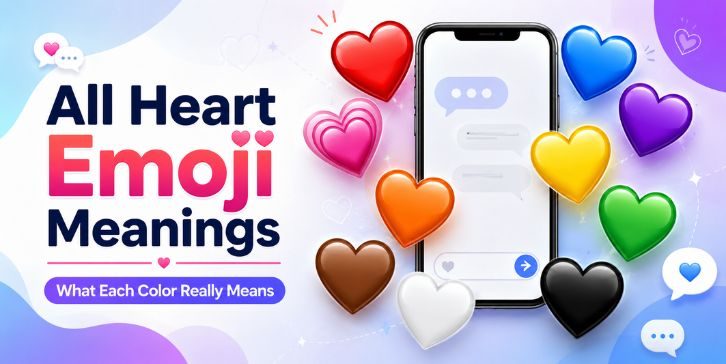All heart emoji meanings graphic showing colorful heart emojis around a phone with chat bubbles.