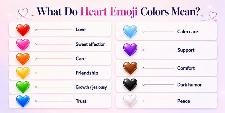 Infographic showing heart emoji color meanings, with each colored heart linked to a short meaning like love, trust, support, peace, and friendship.