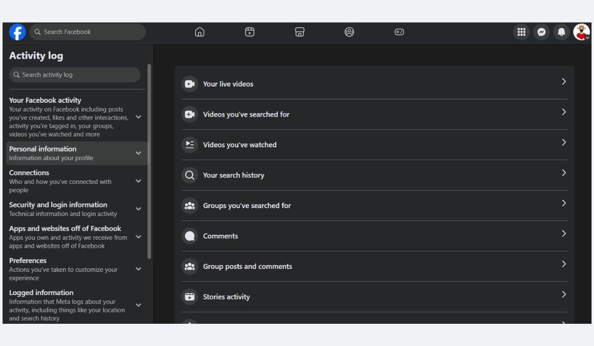 Check Facebook Activity Log, Archive, and Trash